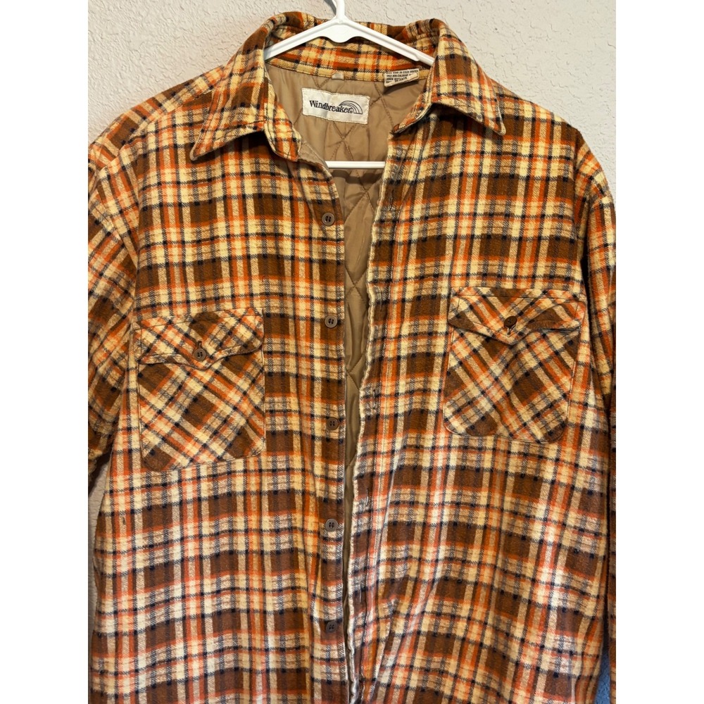 Vintage Windbreaker Quilted Flannel Shirt Jacket Mens Medium Orange Plaid Cotton
